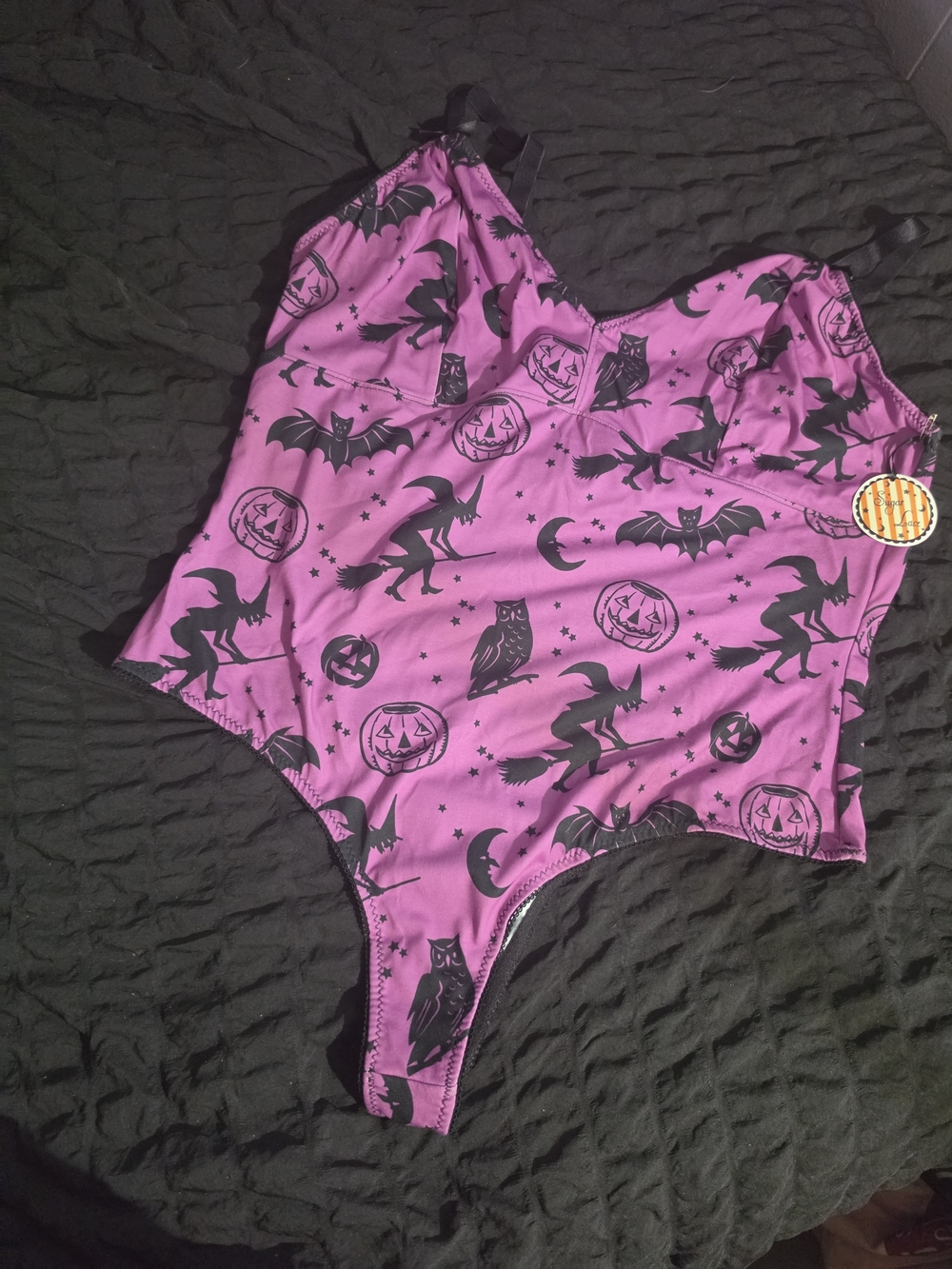 Sugar Lace Purple and Black Halloween Print One-Piece Bodysuit